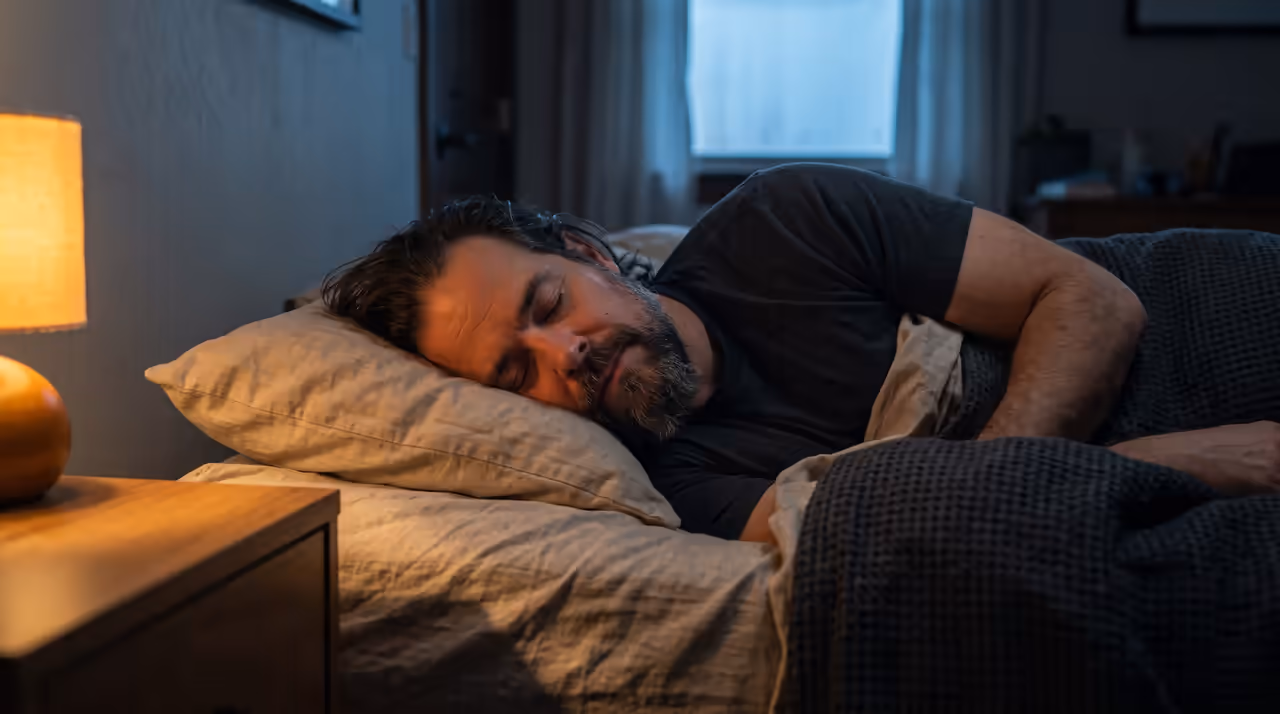 Illustrated scene of Keith asleep in bed, with early light at the window.