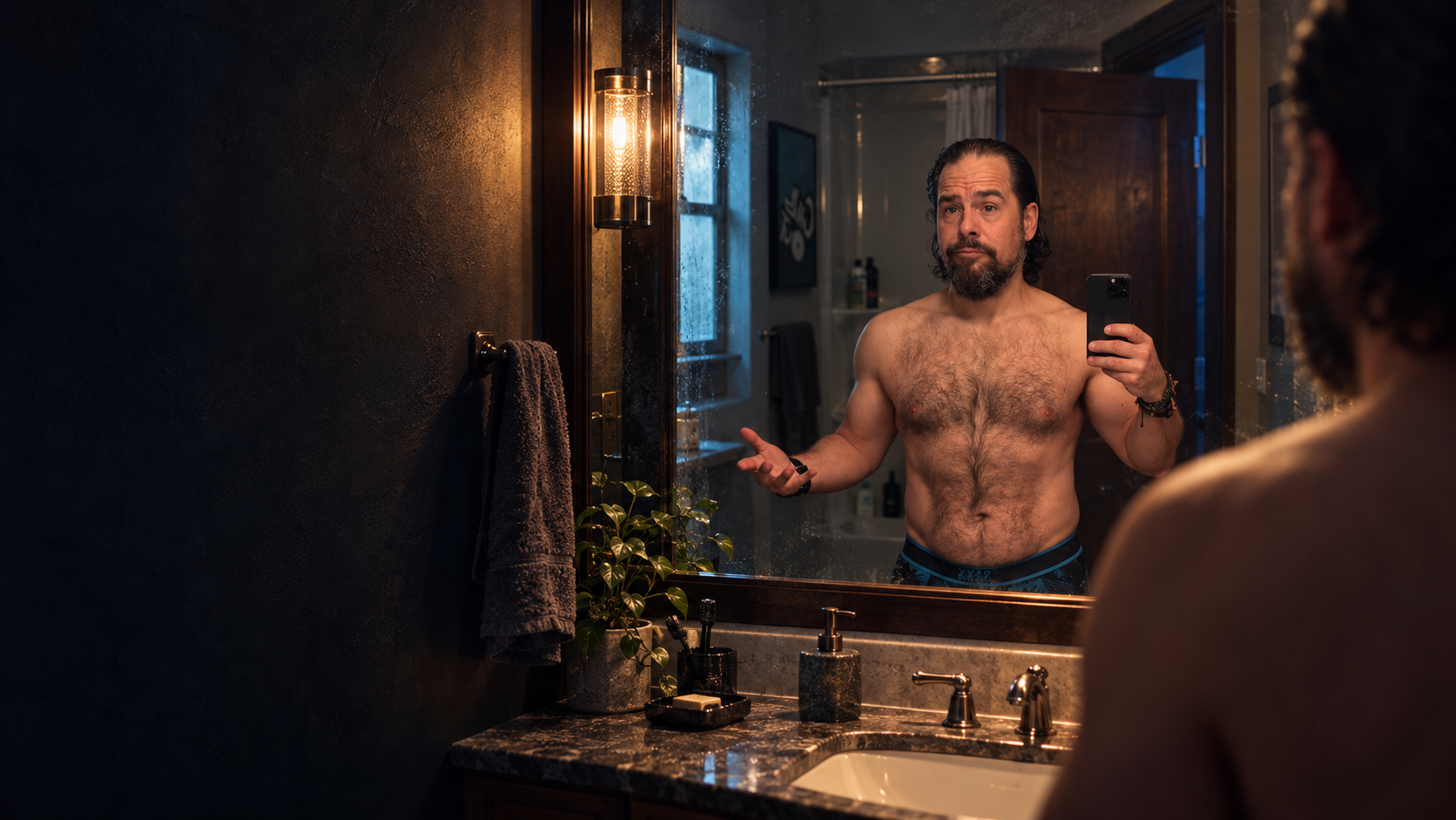 Illustrated Day One scene of Keith facing himself in the mirror.