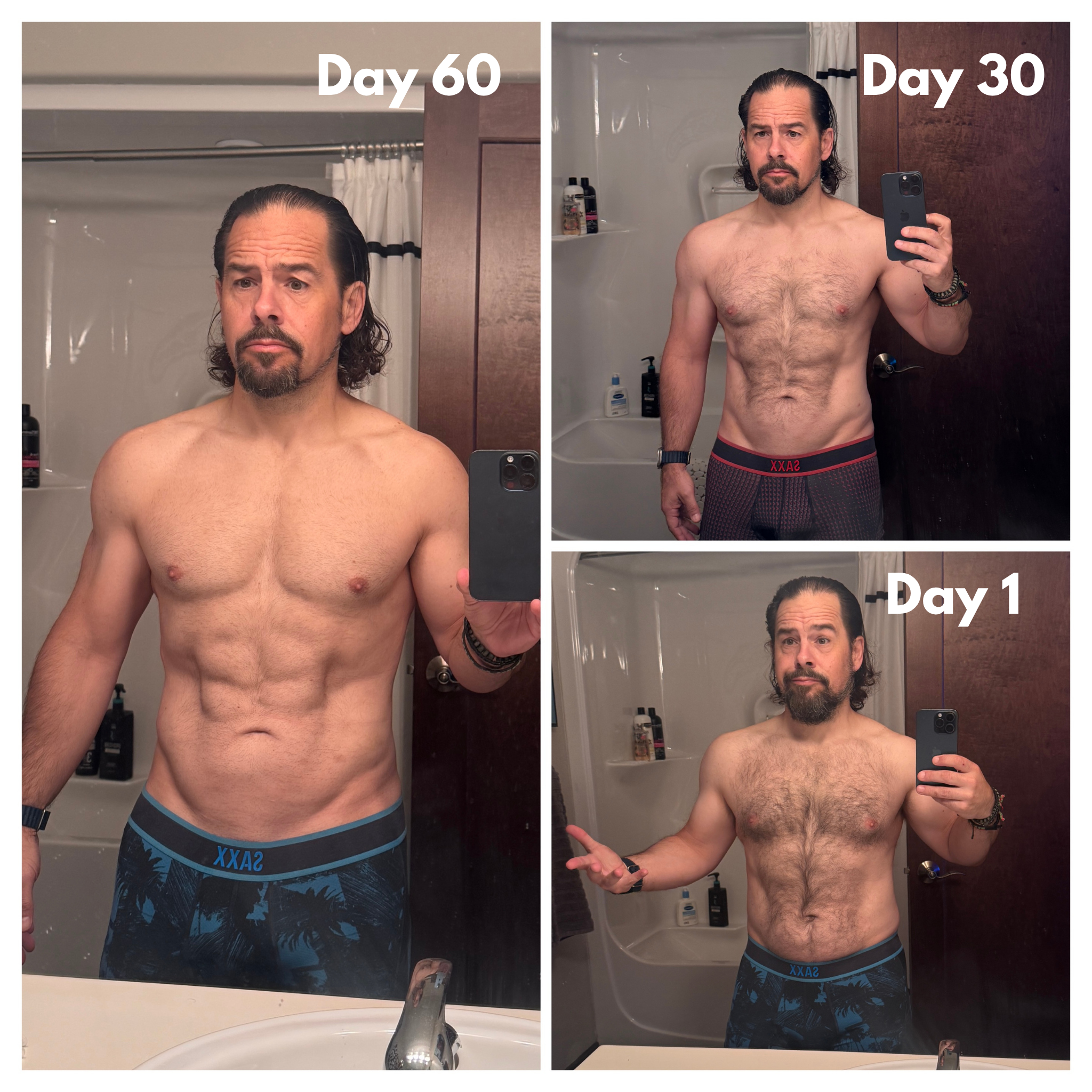 Keith’s personal progress collage: Day 60 on the left, Day 30 at upper right, and Day 1 at lower right. The original photographs and labels are preserved.