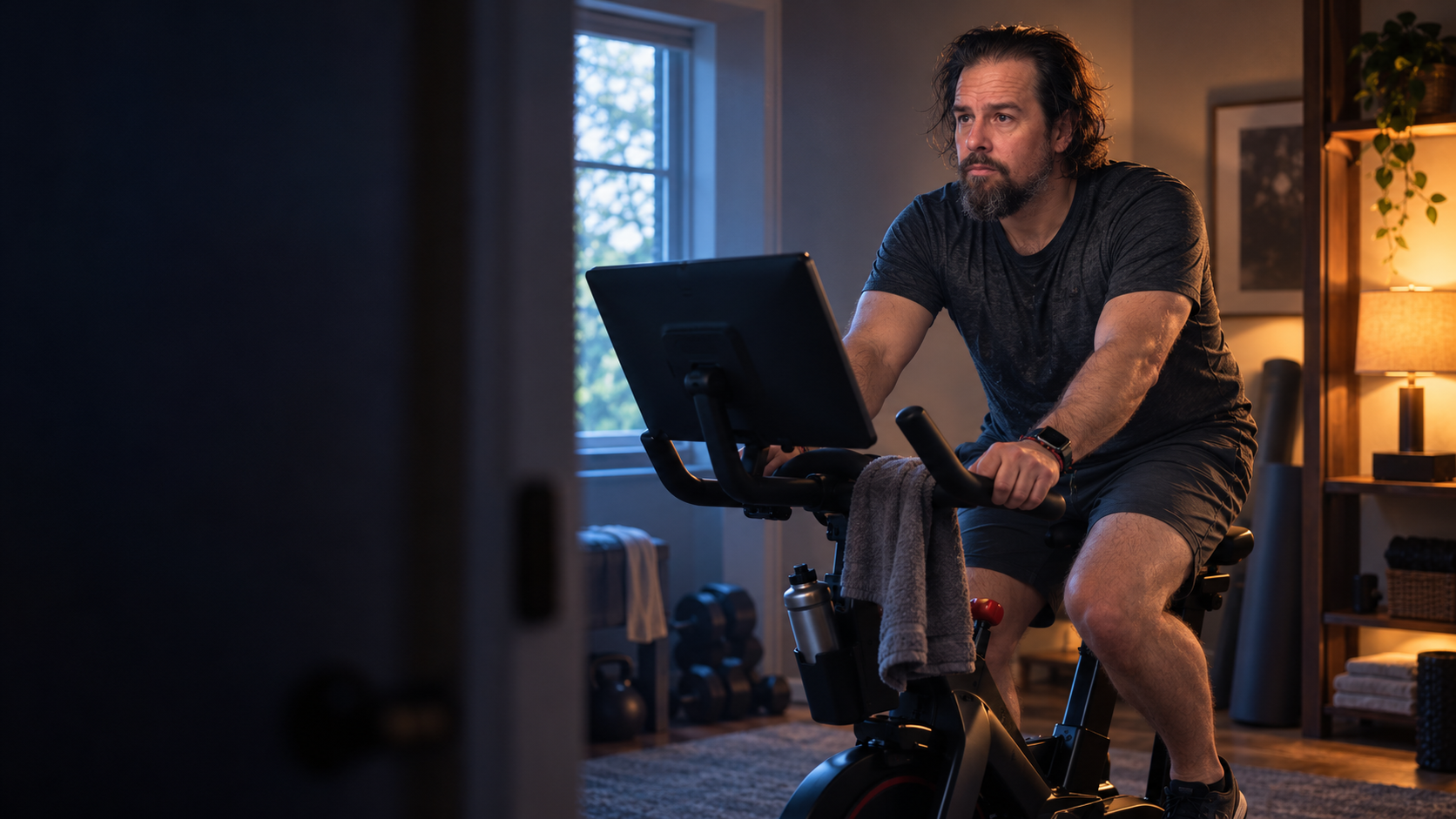 Illustrated scene of Keith cycling indoors, inspired by his recorded morning Peloton workout.