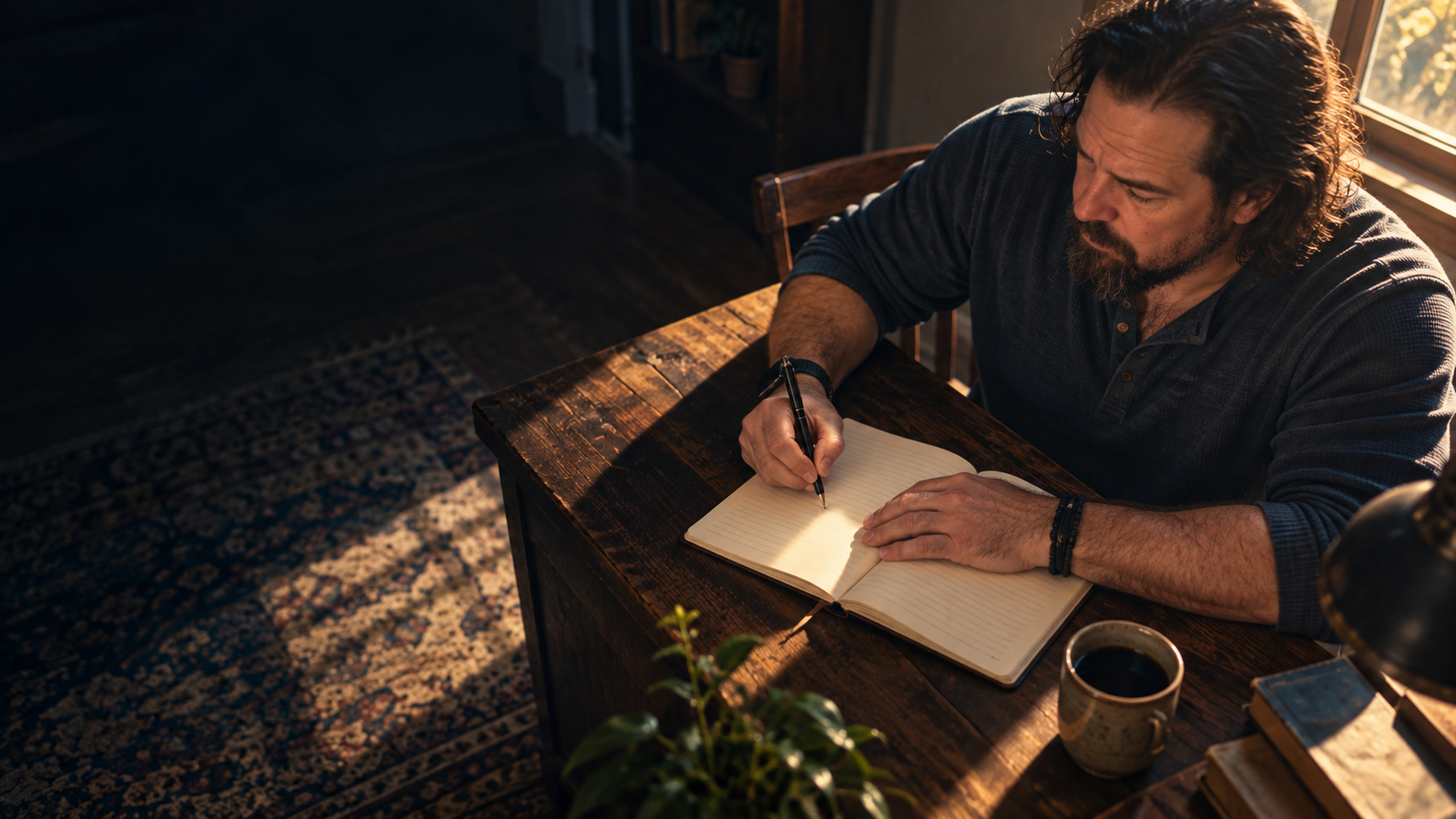 Illustrated scene of Keith writing in an open journal at a table.