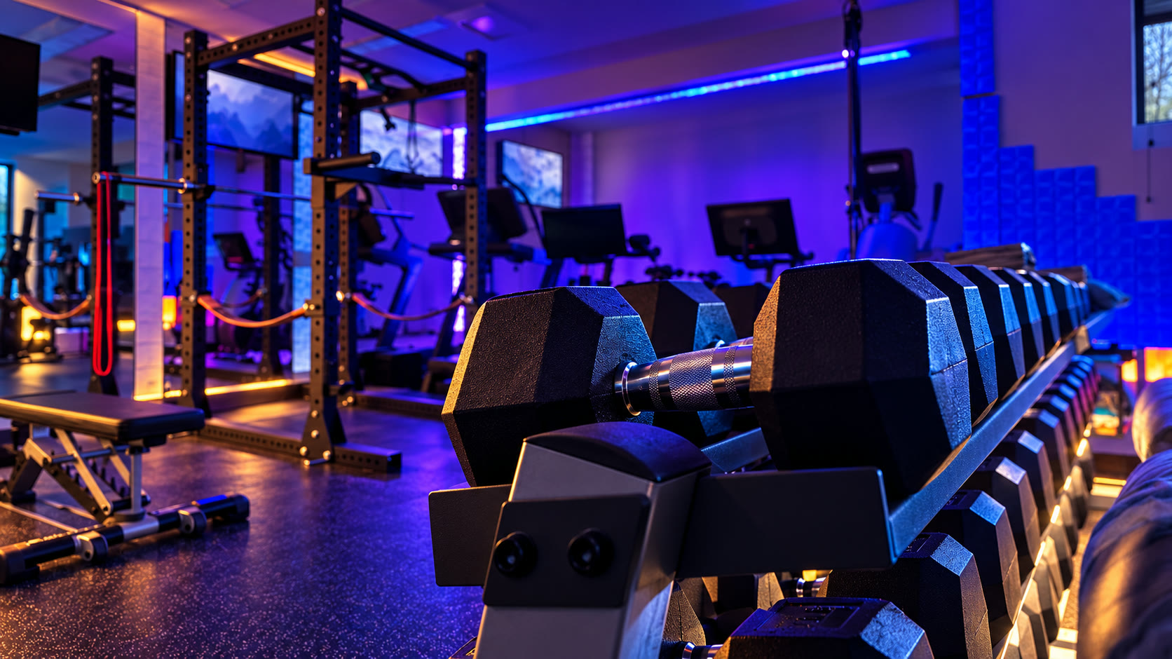 Illustrated scene of dumbbells and training equipment in a gym.